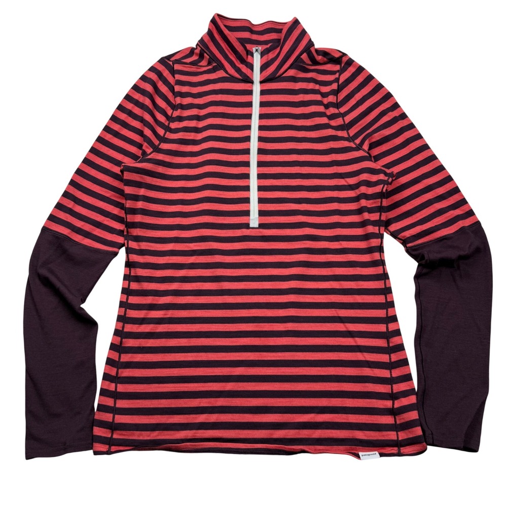 Patagonia Womens Merino Wool Blend Striped 1/4 Zip Base Layer Red Purple M